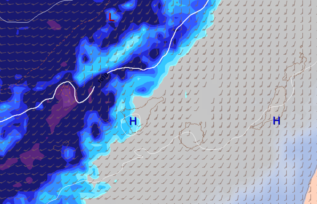 Imagen del modelo ECMWF que prevé que este jueves el frente asociado a la borrasca Francis entre al archipiélago.