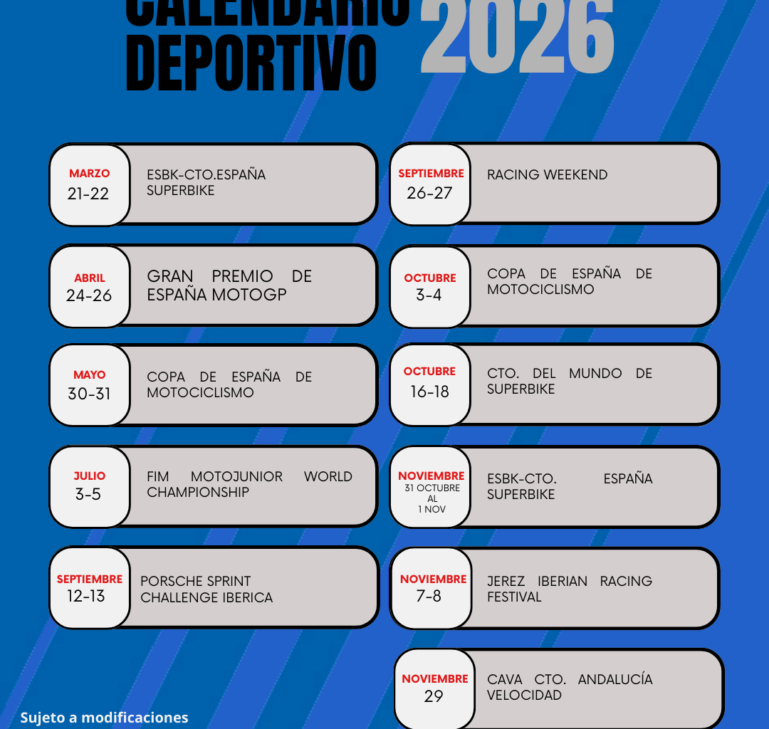 Calendario deportivo del Circuito de Jerez durante la temporada 2026