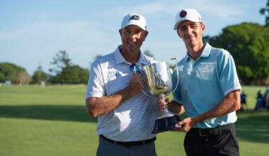 David Puig y su caddie celebran la victoria en el BMW PGA Australian Championship. (© Golffile