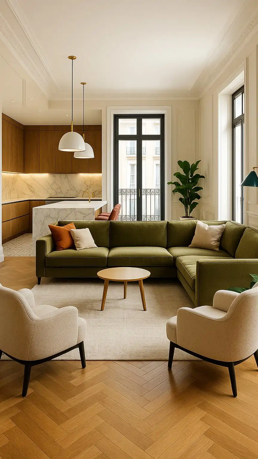 Salón con sofá verde, tonos blancos y madera