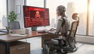 un robot está sentado frente al ordendaor. En la pantalla del ordenador aparece un mensaje de peligro, de un virus informático