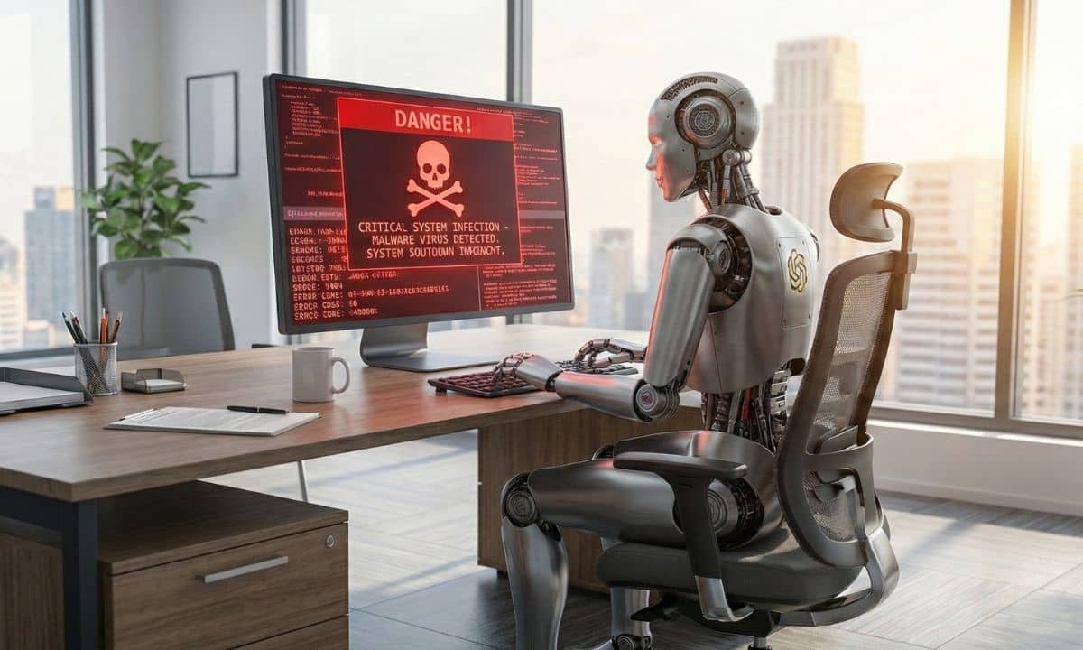 un robot está sentado frente al ordendaor. En la pantalla del ordenador aparece un mensaje de peligro, de un virus informático