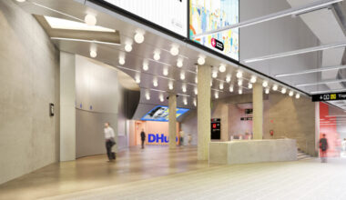 Render del futur nou vestíbul delmetro de Glòries que estarà connectat amb el DHUB.