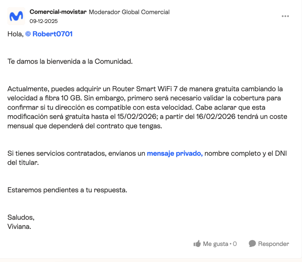 Imagen de un comentario de Movistar