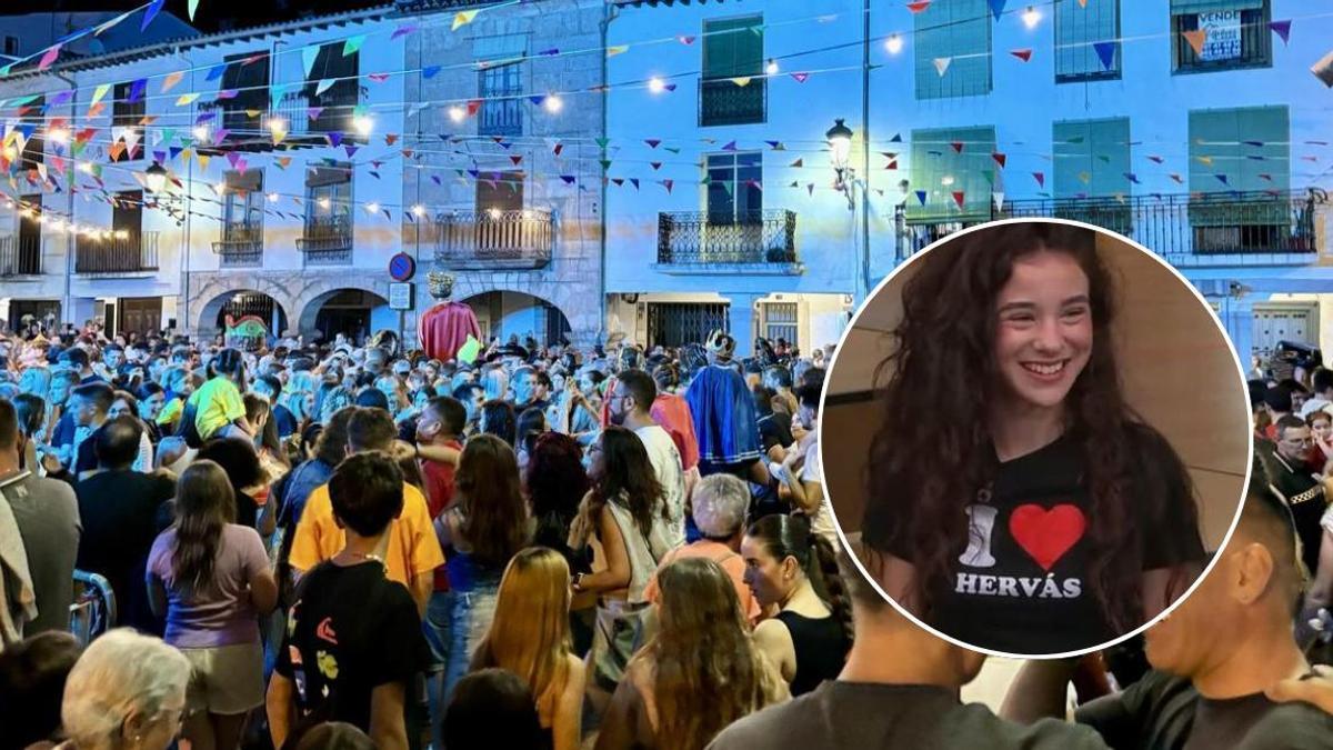 Cristina con su camiseta de "I love Hervás' y una imagen de las fiestas de Hervás de fondo.
