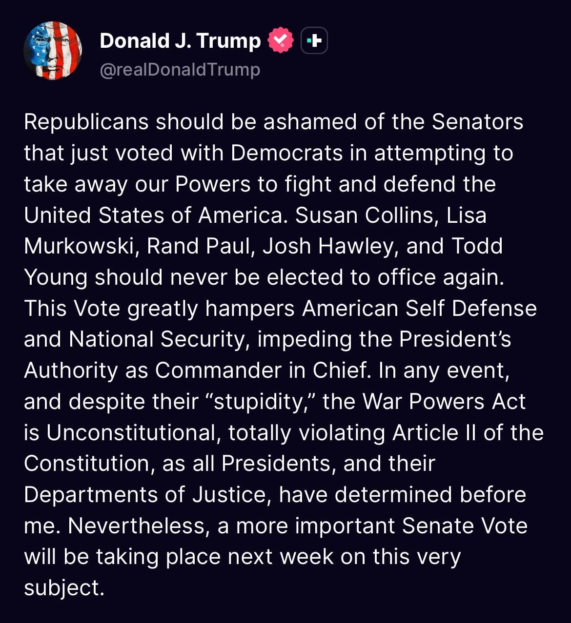 Truth de Trump sobre una votación en el Senado de Estados Unidos