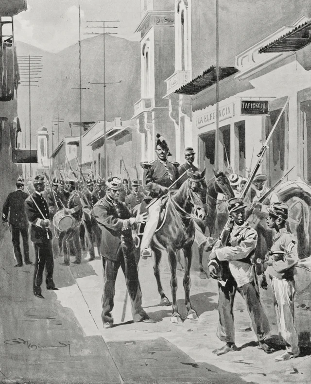 Unos soldados uniformados caminando y  uno de ellos montado en un caballo