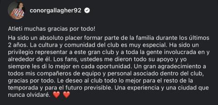 La despedida de Gallagher a través de las redes sociales.