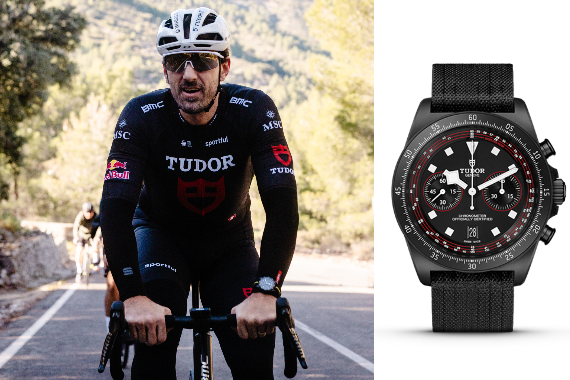 Cancellara con el Tudor Pelagos FDX Chrono Cycling Edition en su muñeca.