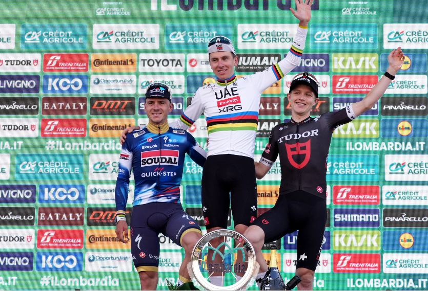 Evenepoel, Pogacar y Storer, en el podio de Il Lombardía 2025.
