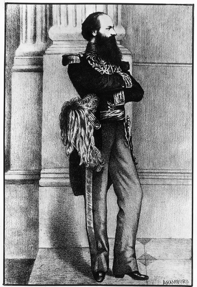 Antonio Guzmán Blanco, con barba oscura, posa de pie y de perfil con un uniforme militar