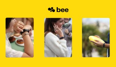 Sobre un fondo amarillo, aparecen tres imágenes de personas luciendo la pulsera de Bee, un dispositivo wearable de IA.