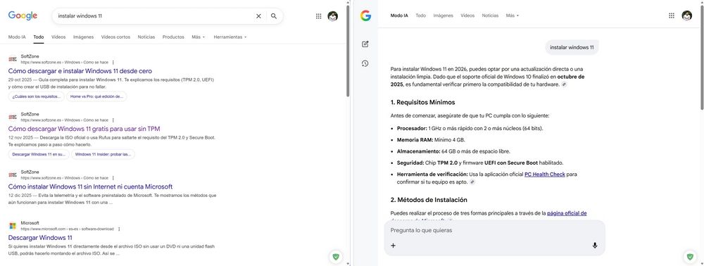 Comparativa de una búsqueda en Google: a la izquierda, resultados clásicos con enlaces; a la derecha, un resumen generado por IA (AI Overview) que responde directamente a la consulta.