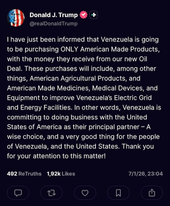 Truth de Trump sobre Venezuela
