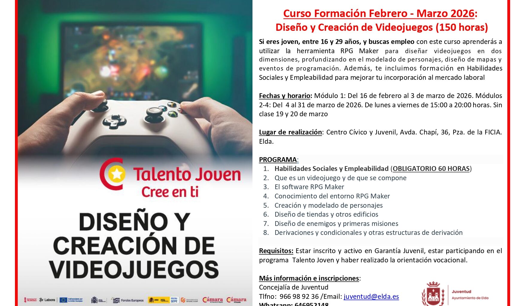 La Concejalía de Juventud pone en marcha un curso gratuito de diseño y creación de videojuegos para jóvenes de entre 16 y 29 años