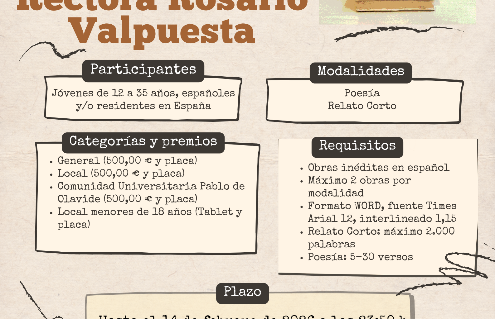 Se convoca el VII Certamen Literario Rectora Rosario Valpuesta 2026