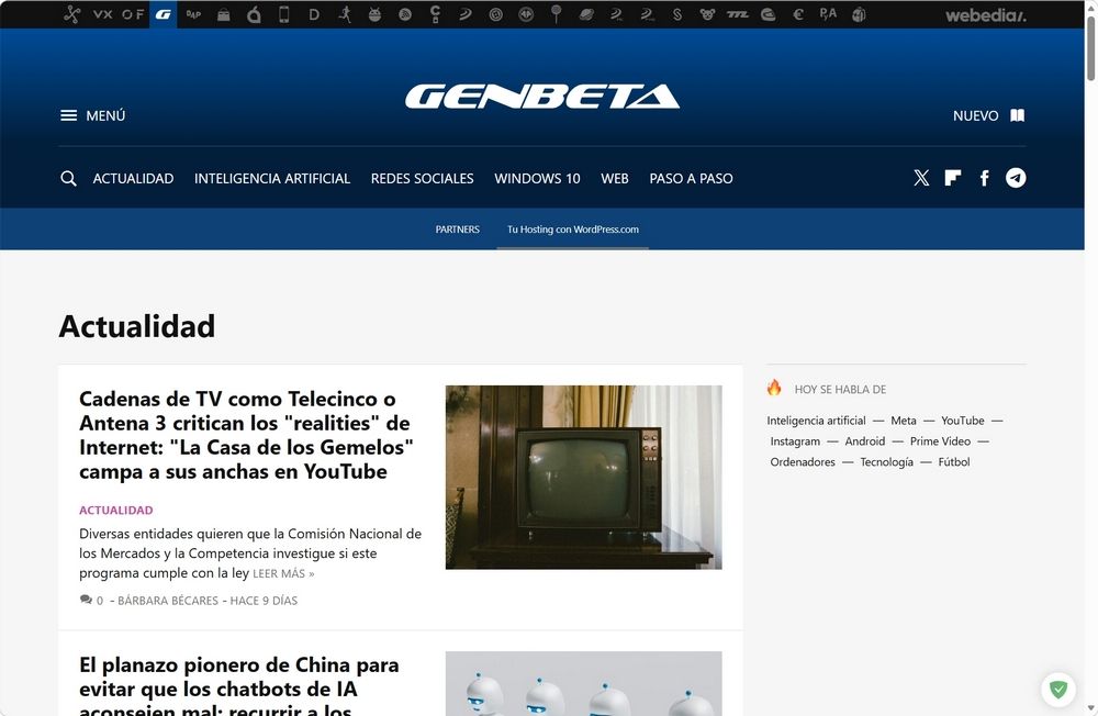 Captura de pantalla de la portada de Genbeta antes de su cierre, mostrando titulares de noticias de tecnología y software.