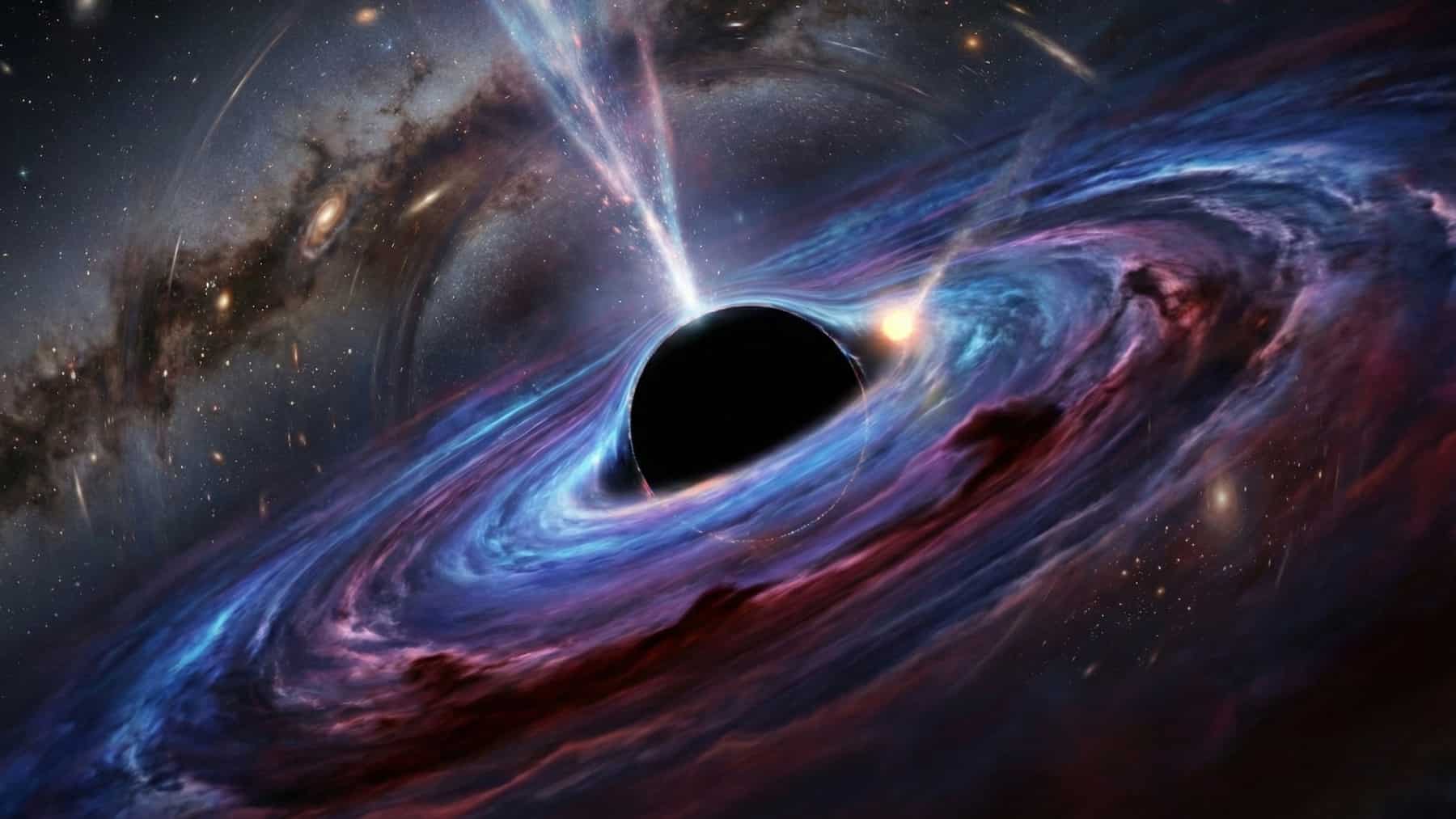 Ilustración de un agujero negro con disco de acreción azul y violeta, chorro de energía y distorsión de la luz en el espacio.