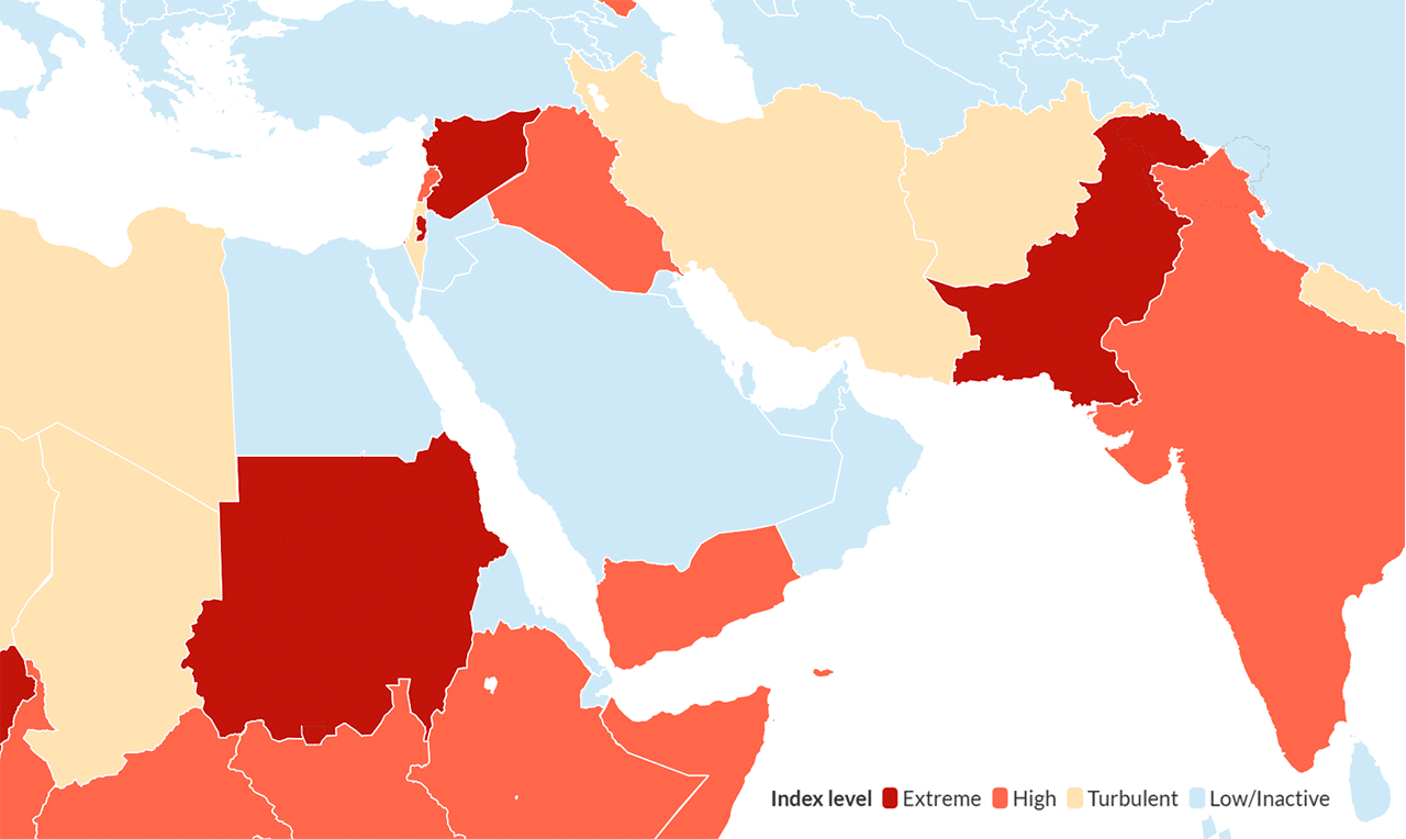 Mapa de Oriente Medio del Índice de Conflictos ACLED que indica cómo y dónde varían los conflictos en cada país y territorio del mundo según cuatro indicadores: letalidad, peligro para la población civil, difusión geográfica y número de grupos armados.
Oriente Medio preserva un alto número de conflictos abiertos, alguno de ellos de alta y extrema gravedad.