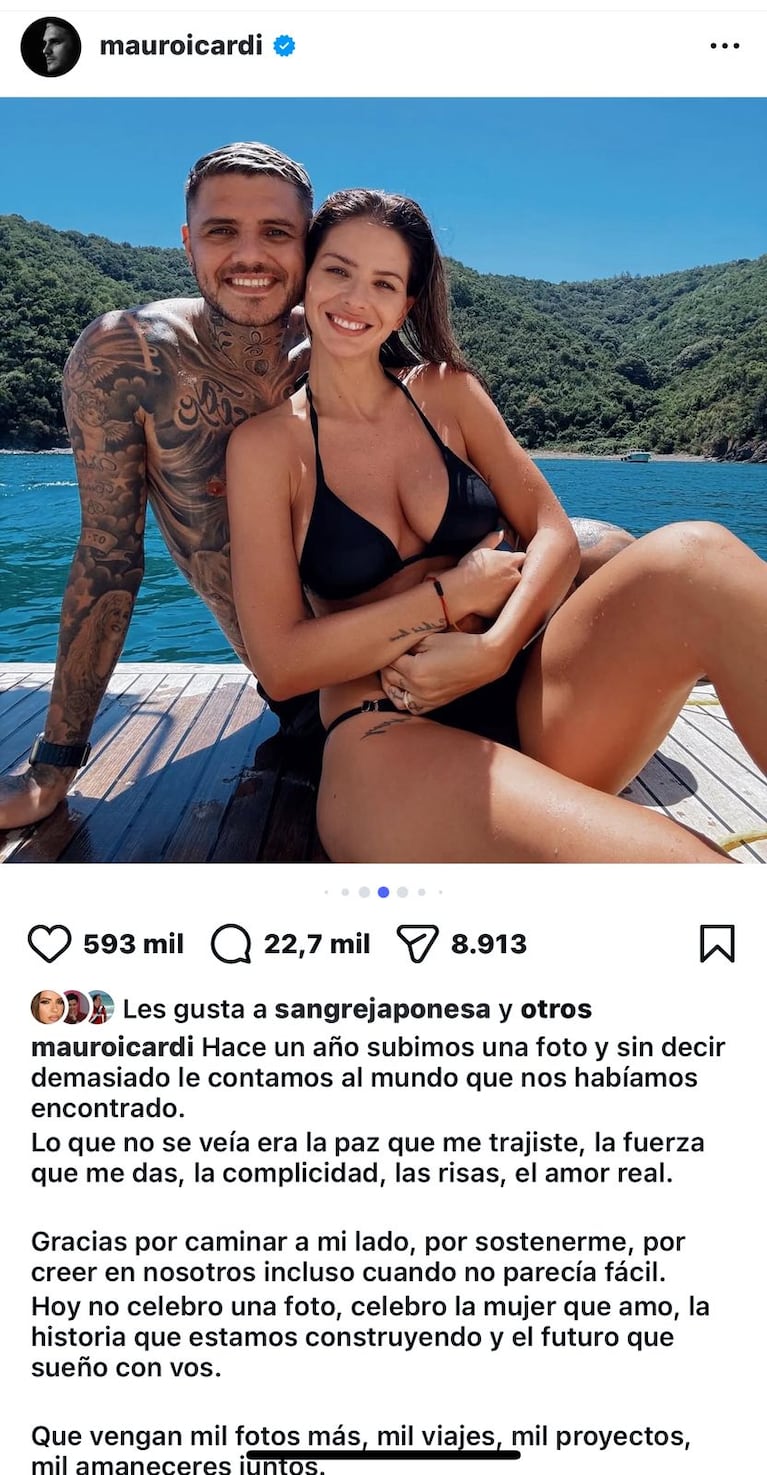 El posteo de Mauro Icardi dedicado a la China Suárez en el que aparece Wanda Nara (Foto: Instagram/@mauroicardi).