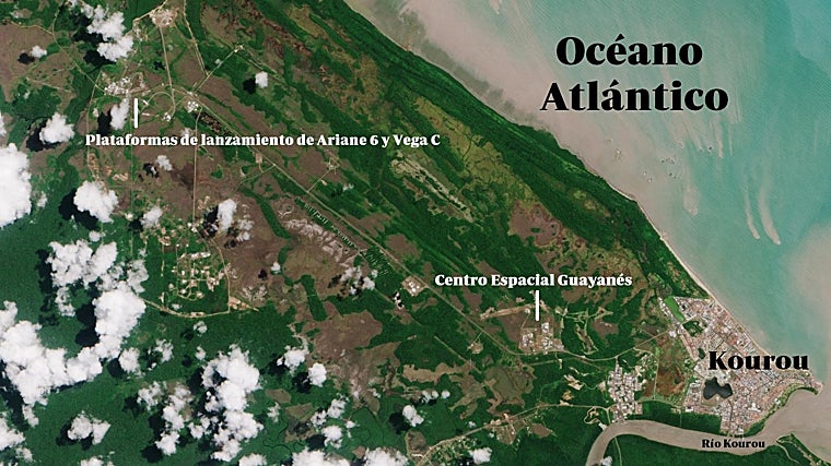 Leyenda de los alrededores del CSG, junto a la localidad de Kourou y al Océano Atlántico