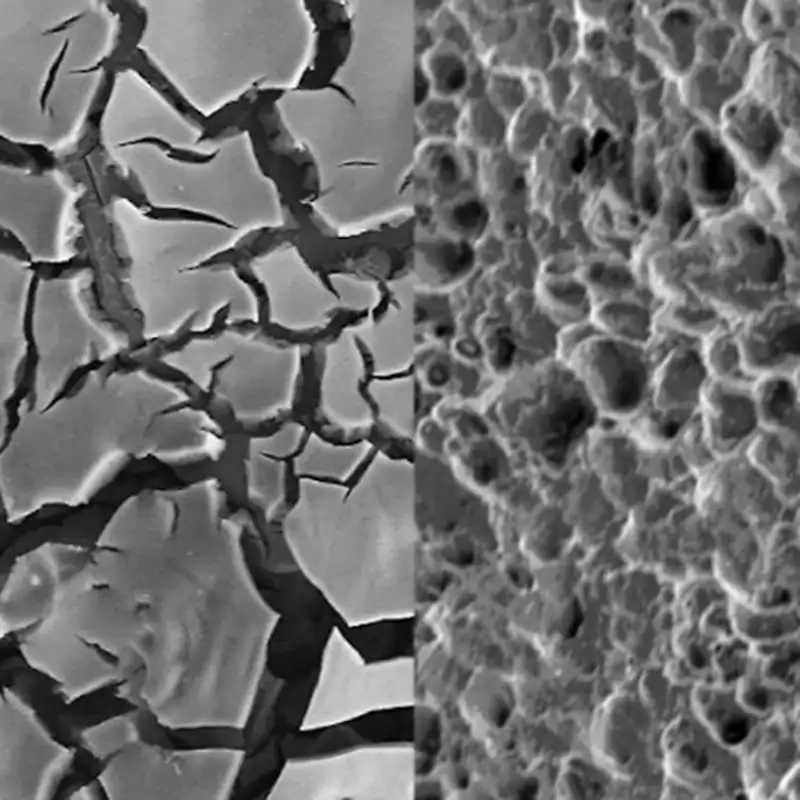 Imagenes de microscopía electrónica de barrido de electrodos nuevos, a la izquierda, y usados, a la derecha, después de 24 horas