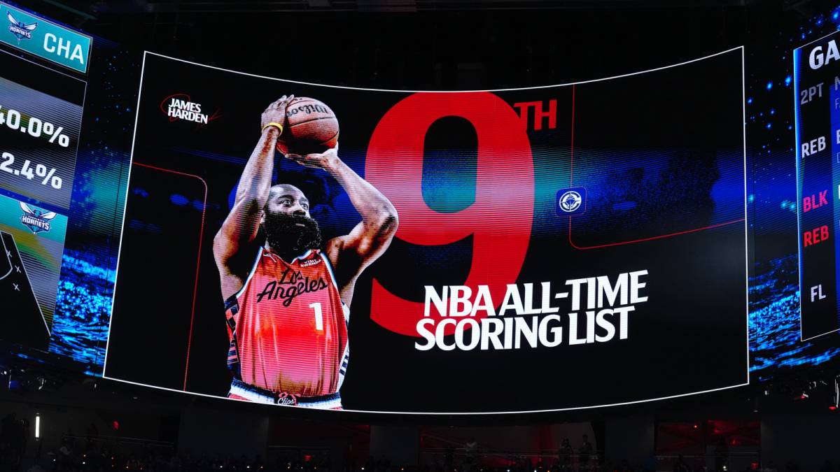 James Harden, apareciendo en el vídeo marcador de los Clippers como 9º máximo anotador de la historia de la NBA.