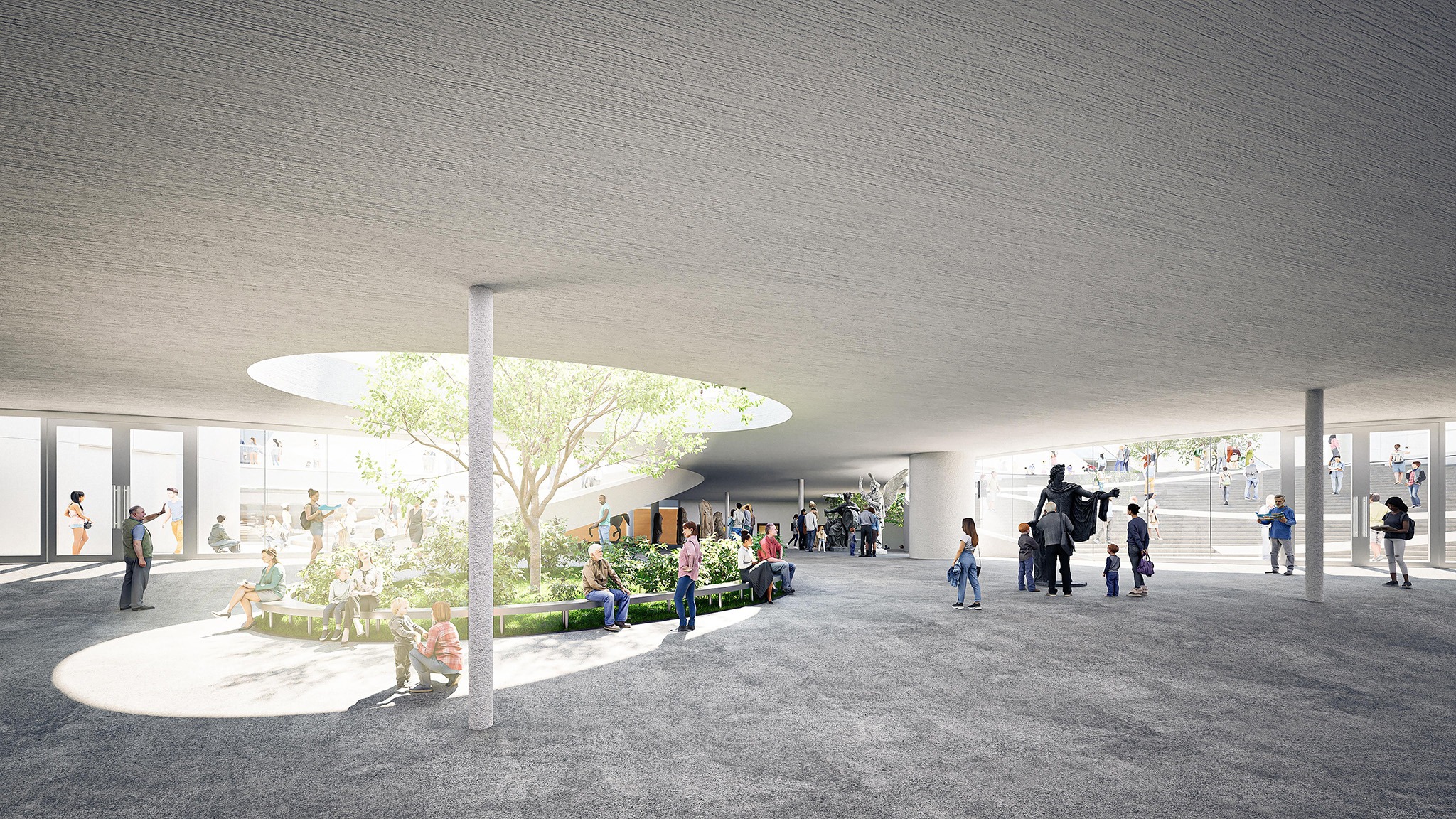 Interior view of the open exhibition area beneath the courtyard, designed for flexible cultural programming and public use. Brise-Vent Havre Harbor Museum by LYT-X Studio. Rendering by LYT-X Studio.