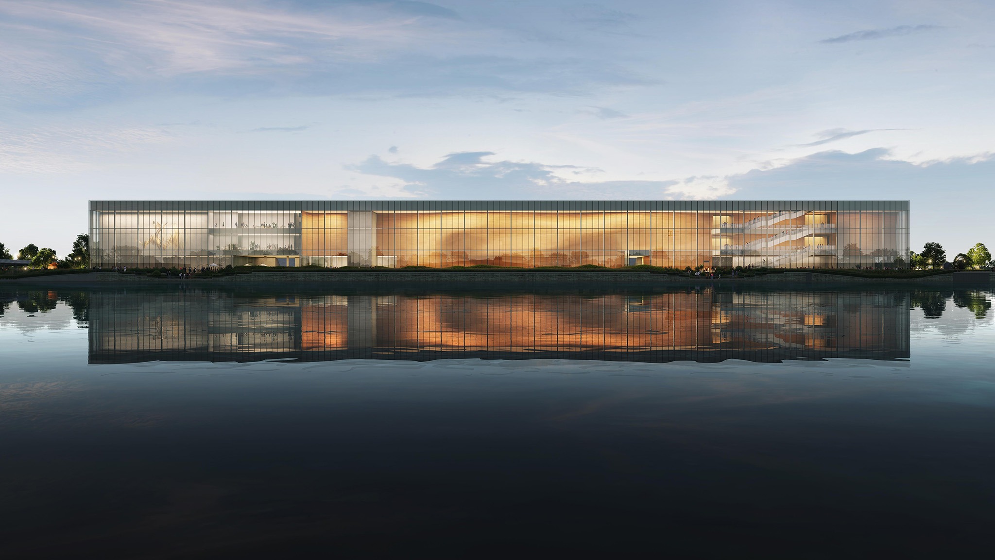 Adaptive reuse of the existing industrial structure along the northern edge, integrating new cultural functions while preserving the original fabric. Brise-Vent Havre Harbor Museum by LYT-X Studio. Rendering by LYT-X Studio.