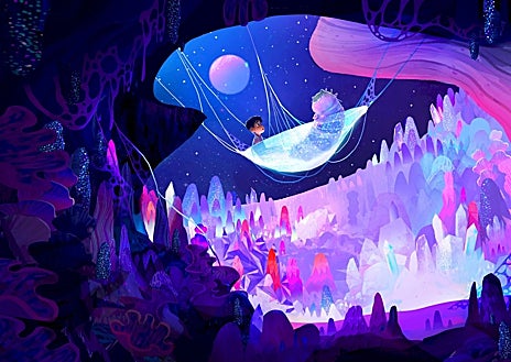 Imagen secundaria 1 - Arriba, David Luoh, Supervisor de Sets de 'Elio', con las gafas de realidad virtual. Izquierda, un boceto de 'Elio'. Derecha, bocetos de 'Monstruos S.A.'