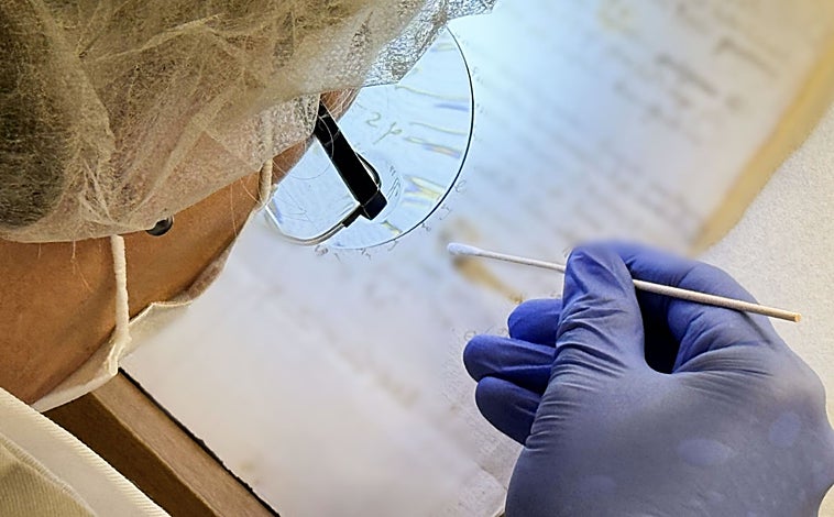 Imagen principal - En la imagen principal, uno de los integrantes del grupo analizando con el hisopo la carta del tío abuelo de Leonardo; abajo, el dibujo 'estudio de las patas delanteras de un caballo', atribuido a Da Vinci; a la derecha, el dibujo 'Holy Child', objeto principal del estudio