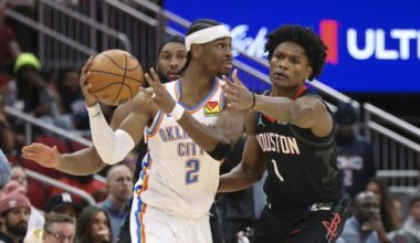 Shai Gilgeous-Alexander, iniciando un ataque ante Amen Thompson.