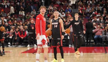 Matas Buzelis, en primer plano en el calentamiento del Bulls - Heat.