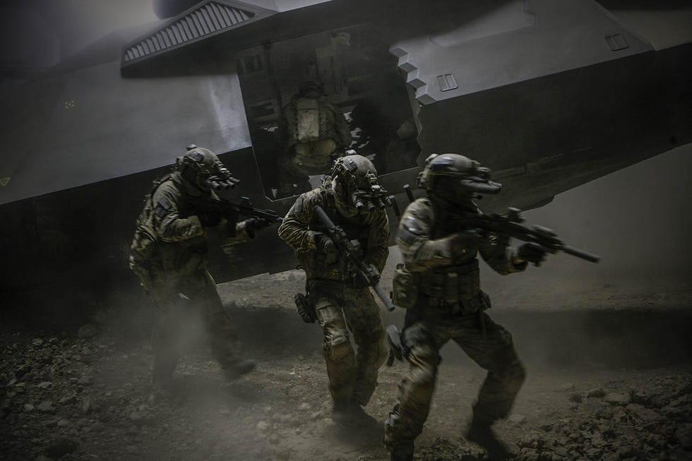 soldiers in tactical gear exiting a helicopter in a combat situation