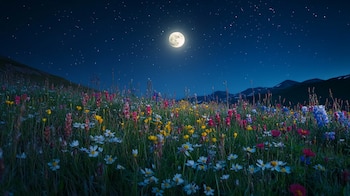Escena nocturna campestre, flores silvestres bajo la luna, paisaje tranquilo, cielo estrellado y atmósfera mágica. – (Imagen Ilustrativa Infobae)