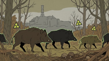 Ilustración plana de jabalíes estilizados deambulando entre árboles pelados y vegetación rala. Al fondo, el reactor nuclear de Chernóbil y señales de radiactividad. Hongos en el suelo.