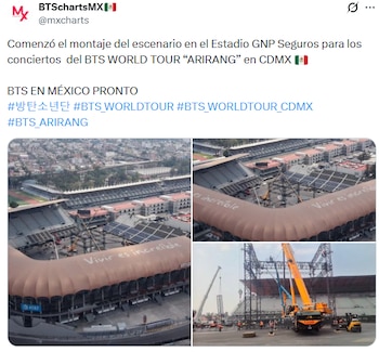 Vista aérea y de cerca de un estadio donde grúas y trabajadores están montando una gran estructura metálica para un escenario 360, con edificios urbanos de fondo