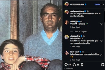 Fotografía antigua de un hombre adulto y un niño, ambos mirando al frente, en un recorte de publicación de red social