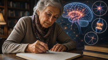 Mujer mayor escribe en un cuaderno con bolígrafo. A su derecha, una ilustración digital de un cerebro activo con neuronas y sinapsis brillantes.