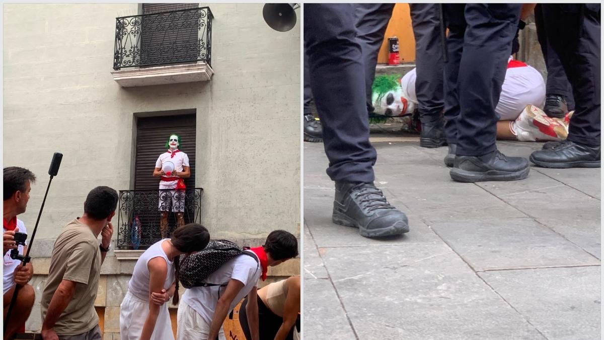 El Joker, de nuevo identificado y reducido por la Policía Municipal después de escalar y subirse a un balcón de la plaza Consistorial para ver el encierro