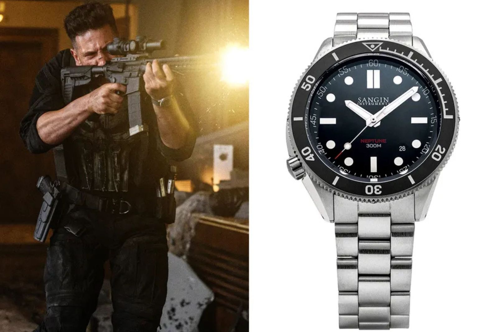 The Punisher a un costado el reloj Sangin Instruments Neptun