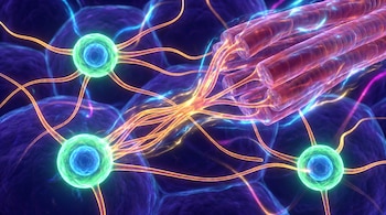 Visualización 3D de estructuras celulares intrincadas con tonos azules, verdes, naranjas y púrpuras. Se observan células redondas y una formación tubular de fibras.