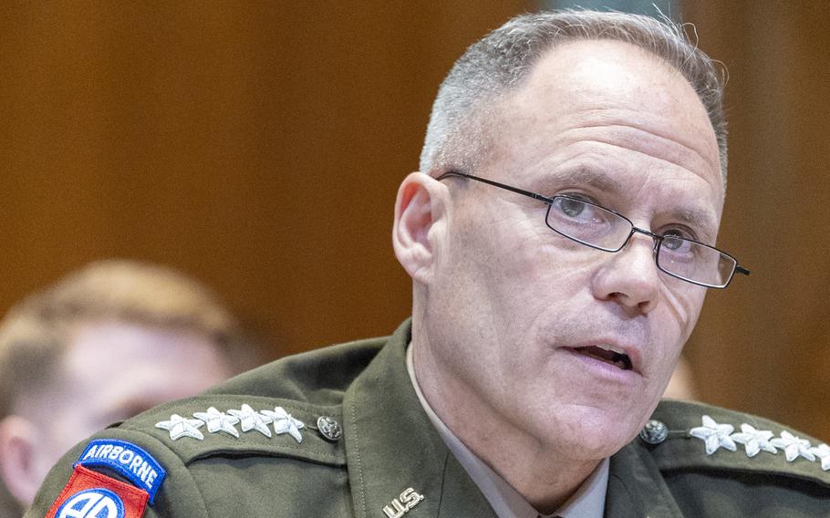 Gen. Christopher C. LaNeve, Vice Chief of Staff of the Army, testifies on Tuesday, May 19, 2026, in Washington during a Senate Appropriations committee hearing on the fiscal year 2027 budget request for the Army. (Eric Kayne/Stars and Stripes)