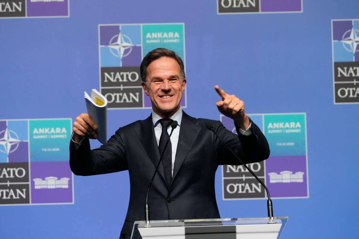 NATO Secretary-General Mark Rutte speaks to reporters.