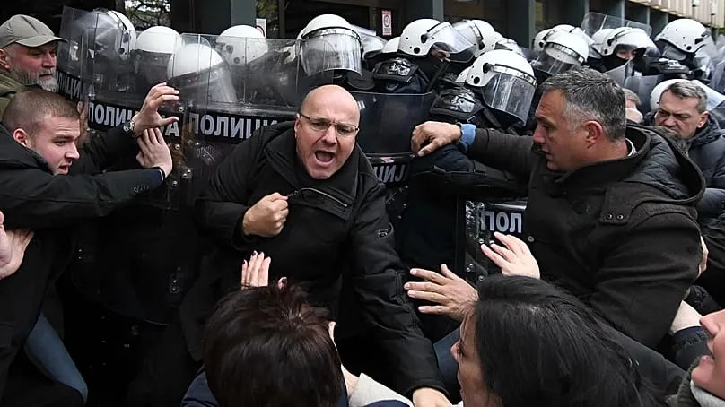 Serbian police officers scuffled with opposition protesters demanding arrests over a deadly roof collapse at a railway station in Novi Sad, Serbia, on 21 November, 2024.