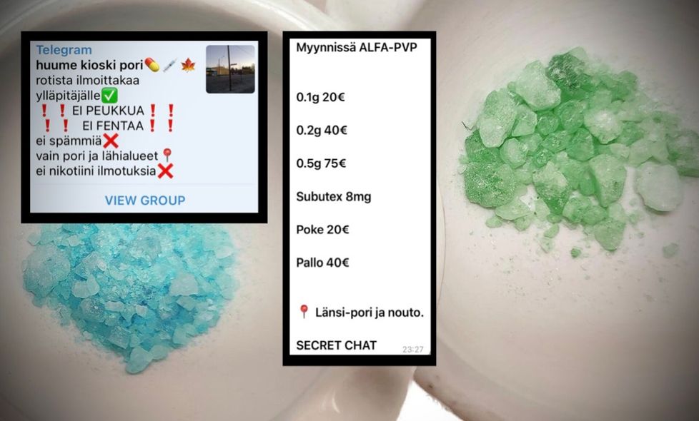 Poliisin takavarikoimaa Alfa-PVP:tä. Satakunnassa takavarikkoja ei ole juuri ollut, mutta SK:n selvitys maakunnan huumeryhmistä Telegramissa paljastaa, että peukkuhuumetta myydään myös Satakunnassa.