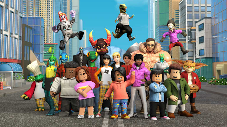 Tietokoneanimoitu ryhmäkuva Roblox-pelin hahmoista.