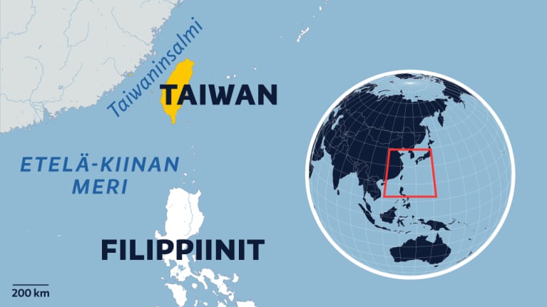 Taiwaninsalmen sijainti Kiinan ja Taiwanin välissä, Etelä-Kiinan meren pohjoispuolella.