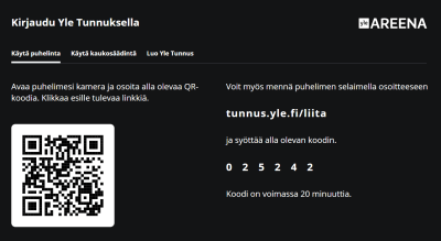 Kuvassa ohjeistetaan kirjautumaan Yle Areenan tv-sovellukseen QR-koodin avulla. Avaa puhelimesi kamera ja osoita sillä QR-koodia, klikkaa esille tulevaa linkkiä. Voit myös mennä puhelimella osoitteeseen tunnus.yle.fi/liita ja syöttää tv:n ruudulla olevan numerokoodin.