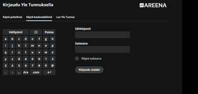 Ohjeistus kuinka kirjautua Yle Areenan tv-sovellukseen Yle Tunnuksella. Kirjoita kaukosäätimen avulla sovellukseen sähköpostiosoitteesi ja salasanasi, jonka jälkeen paina "kirjaudu sisään".